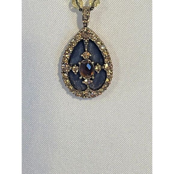 Monet Necklace Locket and earrings set Goldtone Navy Blue Beaded - Picture 3 of 5